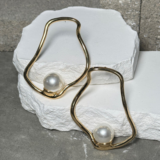 Gold Metric Pearl Drop Earrings